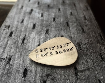 geographic coordinate  -  perfect gift for your long distance relationships gifts - Brass Stamped Guitar Pick - Personalized