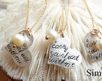 The price is for ONE necklace -   i carry your heart with me  - Inspired by the beautiful poem by E E Cummings-Hand Stamped By Simag