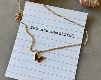 little tiny gold butterfly necklace - write me your own quote or inspirational message. SimaG