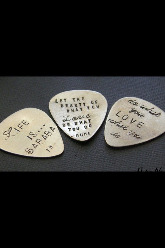 Brass Guitar Pick Necklace Hand Stamped Where Words Fail Music Speaks