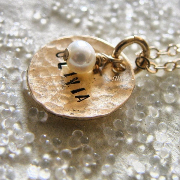 One Dainty Hammered Gold Disc Stamped With Your Name  --- Personalized It --wedding- bride - bridesmaid - birthday-new mother - Simag