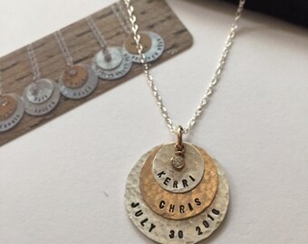 Three (3) stacking discs -personalized mom grandmother name necklace - made to order- by SimaG in Boulder Colorado