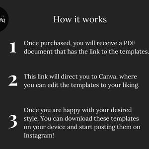 Op de afbeelding: Een donkergrijze afbeelding met witte tekst die uitlegt hoe je Canva-sjablonen kunt gebruiken. De tekst bevat stappen voor het ontvangen van een PDF, het bewerken van sjablonen en het downloaden ervan voor Instagram. Het Canva-logo staat linksboven.