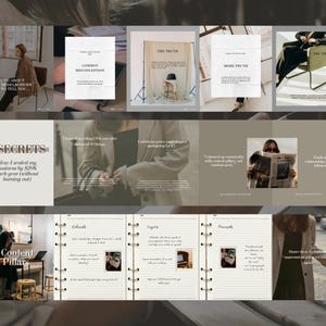 Könnte beinhalten: Eine digitale Marketingpräsentation mit dem Text "DIE WAHRHEIT ÜBER SOZIALE MEDIEN, DIE NIEMANDEN INTERESSIERT" und "5 SECRETS". Die Präsentation enthält Bilder von Personen und Notizen mit den Worten "Content Pillars".