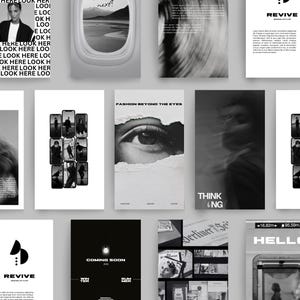 May include: A collection of black and white images with text overlays. The images include a person, an eye, a window, and a cityscape. The text includes "Fearless", "Revive", "Fashion Beyond the Eyes", "Think", "Coming Soon", "Hello", and "Revive".