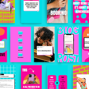May include: A collection of social media graphics with bright pink and teal backgrounds. The graphics feature text like "Giveaway," "Booking," and "Website is Now Live." Other graphics include a phone, computer, and folders.