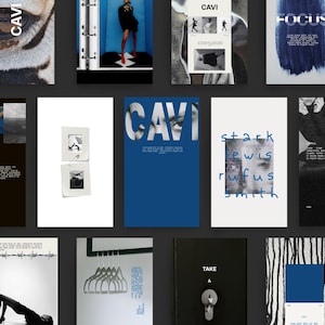 Op de afbeelding: Een verzameling posters met een modern design. De posters bevatten een verscheidenheid aan afbeeldingen, waaronder close-ups van ogen, abstracte vormen en foto's van mensen. Tekstelementen omvatten het woord "CAVI" en andere tekst in een schreefloze letter.