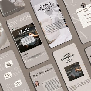 Könnte beinhalten: Eine Collage aus Bildern, die für ein Unternehmen werben. Die Bilder zeigen eine Checkliste, Dienstleistungen, Kundenreferenzen, einen Buchungskalender und einen Call-to-Action, um einen Entdeckungstermin zu buchen. Die Texte "NEW POS" und "NOW BOOKING 2024" sind auf den Bildern sichtbar.