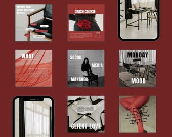 May include: A collage of nine images showcasing different aspects of social media management. The images feature a red fabric, a woman in a black outfit, a desk with a chair, and text that reads "What", "Social Media Manager", "Monday Mood", "Crash Course", "Improve Your Social Platform With Us", and "Client Love".