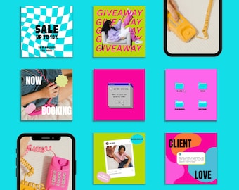 Puede incluir: Un collage de nueve imágenes cuadradas sobre un fondo azul. Las imágenes presentan texto como "SALE UP TO 10%", "GIVEAWAY", "NOW BOOKING" y "WE'RE HIRING". Otras imágenes muestran un teléfono rosa y una persona.