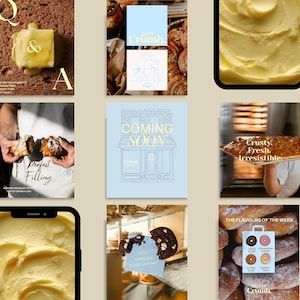 May include: A collage of images featuring baked goods and bakery-related graphics. One image shows butter on bread with "Q & A" text. Other images include pastries, a "Coming Soon" sign, and a tray of baked goods with the text "Crusty. Fresh. Irresistible."