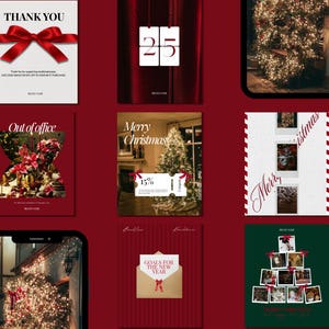 May include: A selection of festive graphics on a red backdrop. The images feature a "Thank You" card with a red bow, a calendar showing the number 25, and a "Merry Christmas" coupon offering 15% off. Other graphics include a Christmas tree and a photo collage.