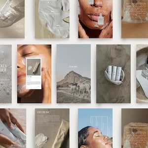 May include: A series of images showcasing skincare products. One features a foot in a shoe, another a face mask, and a person applying product. Other images display packaging, a face roller, and a landscape with horses.