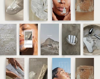May include: A collection of skincare product images. One image shows a foot in a shoe, another a face mask, and another a person applying product to their face. Other images show product packaging, a face roller, and a landscape with horses.