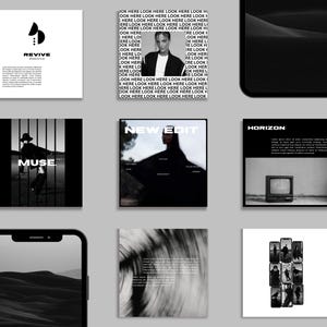 May include: A collage of nine black and white images. The images feature a variety of subjects, including a person, a landscape, a television, and a logo. The text "REVIVE", "MUSE", "NEW EDIT", and "HORIZON" is visible in the images.