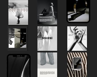 Puede incluir: Una colección de impresiones de fotografía de moda en blanco y negro. Las imágenes presentan formas abstractas, una persona y el logotipo MARNI. Las impresiones se muestran sobre un fondo oscuro, creando un contraste visual.
