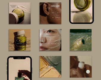 May include: A collage of images showcasing skincare products and routines. The images include a green jar of face cream, a person with a face mask, a person applying lotion, and a person swimming in a river. The text "SKIN CARE" is featured in one of the images.