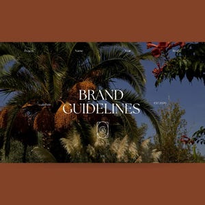 May include: A website banner featuring a palm tree with the text "BRAND GUIDELINES" and "EST 2020" in white font against a blue sky background.