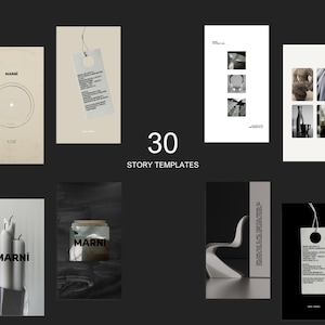 Op de afbeelding: Een verzameling van 30 story-sjablonen met een minimalistisch ontwerp. De sjablonen tonen diverse lay-outs, waaronder product mockups, abstracte vormen en tekstindelingen. Het woord "MARNI" is zichtbaar op sommige sjablonen. Het nummer "30" wordt ook weergegeven.