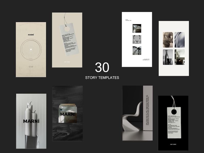 Op de afbeelding: Een verzameling van 30 story-sjablonen met een minimalistisch ontwerp. De sjablonen tonen diverse lay-outs, waaronder product mockups, abstracte vormen en tekstindelingen. Het woord "MARNI" is zichtbaar op sommige sjablonen. Het nummer "30" wordt ook weergegeven.