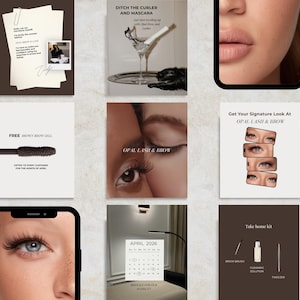 Puede incluir: Un collage de anuncios de productos de belleza y cosméticos. Las imágenes incluyen un cepillo de rímel, un calendario, un ojo con largas pestañas y un kit con un cepillo de cejas, solución limpiadora y pinzas. El texto incluye "FREE Brow Brow Gel" y "OPAL LASH & BROW."