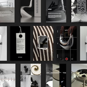 Op de afbeelding: Een verzameling zwart-wit afbeeldingen met het merk "MARNI". De beelden tonen een stoel, een handtas, een label, een zebraprint, een foto, een metalen object en kaarsen. De algehele stijl is minimalistisch en modern.