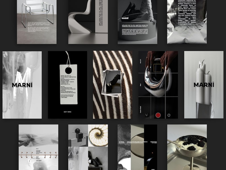 Op de afbeelding: Een verzameling zwart-wit afbeeldingen met het merk "MARNI". De beelden tonen een stoel, een handtas, een label, een zebraprint, een foto, een metalen object en kaarsen. De algehele stijl is minimalistisch en modern.