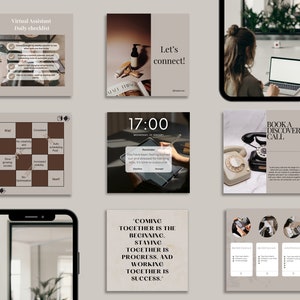 Op de afbeelding: Een collage van negen Instagram-berichten met een beige achtergrond. De berichten bevatten tekst over virtuele assistent-diensten, een checklist, een telefoongesprek en een citaat over teamwork. De berichten bevatten ook afbeeldingen van een telefoon, een laptop en een vrouw die aan een laptop werkt.