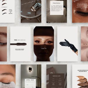 May include: A collection of promotional images for Opal Lash & Brow services. The images feature close-ups of eyes with lash extensions, eyebrow shaping, and product displays. Text includes "OPAL LASH & BROW", "FREE", and a service list.