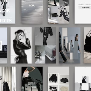 Op de afbeelding: Een verzameling mode-afbeeldingen in zwart-wit. De afbeeldingen bevatten tekst, een handtas, kleding en een model. De algehele esthetiek is minimalistisch en modern, geschikt voor een mode- of lifestylemerk.