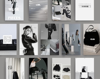 May include: A collection of fashion-themed images in black and white. The images include text, a handbag, clothing, and a model. The overall aesthetic is minimalist and modern, suitable for a fashion or lifestyle brand.