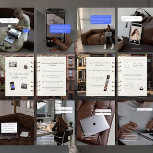 Puede incluir: Un collage de imágenes con un portátil, un smartphone y un cuaderno. Las imágenes incluyen burbujas de texto con citas, una guía titulada "The Ultimate WGC Portfolio guide" y un portátil con el logotipo de Apple. El tema general es la productividad y el trabajo.