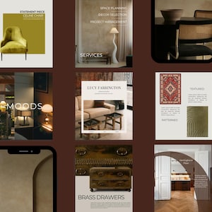 May include: A grid of nine interior design images featuring a yellow velvet chair, a floor lamp, a cane chair, various lamps, a beige sofa with wooden stools, a patterned rug, a textured surface, a smartphone, and a wooden chest with brass drawers.