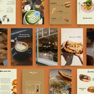 Puede incluir: Una colección de doce paneles de diseño gráfico rectangulares con temas de comida y bebida para Cup & Co. Los paneles muestran menús, café, pasteles, sándwiches e ilustraciones de líneas de personas y escenas de cafeterías.