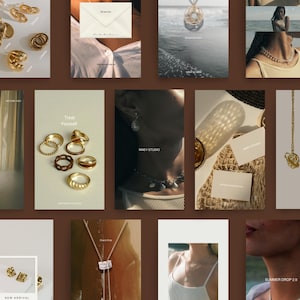 Könnte beinhalten: Eine Sammlung von Schmuck, die in einem Rasterlayout präsentiert wird. Die Bilder zeigen verschiedene goldene Ringe, Halsketten und Ohrringe. Einige Bilder enthalten Text wie "Treat Yourself" und "New Arrival". Die Gesamtästhetik ist minimalistisch und elegant.
