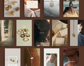 Puede incluir: Una colección de joyas que se muestra en un diseño de cuadrícula. Las imágenes muestran varios anillos, collares y pendientes de oro. Algunas imágenes incluyen texto como "Treat Yourself" y "New Arrival". La estética general es minimalista y elegante.
