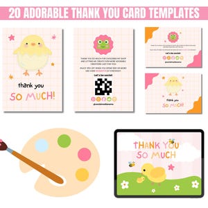 A variety of thank you card templates with cute designs, featuring chicks and flowers on pastel backgrounds. Includes a paintbrush, palette, and tablet. Vibrant, cheerful, and playful tone.