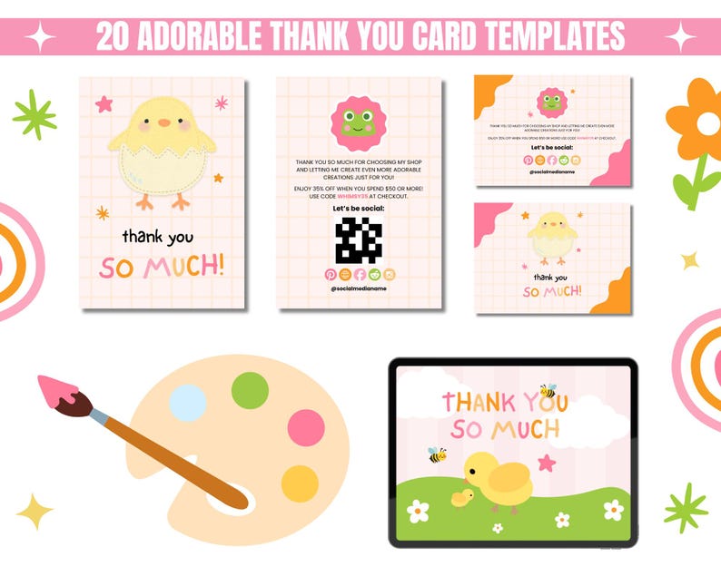 A variety of thank you card templates with cute designs, featuring chicks and flowers on pastel backgrounds. Includes a paintbrush, palette, and tablet. Vibrant, cheerful, and playful tone.