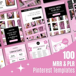 Könnte beinhalten: Eine Sammlung von pinkfarbenen und weißen Pinterest-Vorlagen mit dem Text "100 MRR & PLR Pinterest Templates". Die Vorlagen umfassen Social-Media-Designs, Canva-Schriften und digitale Produktideen, für kleine Unternehmen.