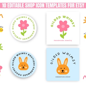 Four colorful Etsy shop icons from a whimsical Etsy Shop Branding Kit, featuring flowers, a bunny, and bees on pastel backgrounds. Each icon showcases the 'Gilded Whimsy' brand, serving as a sample of these MRR PLR complete shop templates.