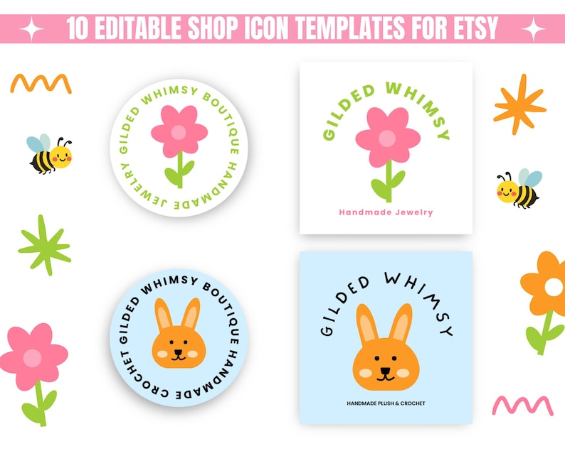 Four colorful Etsy shop icons from a whimsical Etsy Shop Branding Kit, featuring flowers, a bunny, and bees on pastel backgrounds. Each icon showcases the 'Gilded Whimsy' brand, serving as a sample of these MRR PLR complete shop templates.