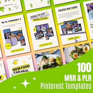 May include: A collection of 100 Pinterest templates for marketing and promoting products or services. The templates feature a variety of designs with bright colors, including yellow, green, and pink. The templates include text such as "How to Eat & Lose Weight", "New Product", "How Food Can Heal", and "Blog Post Title Goes Here".