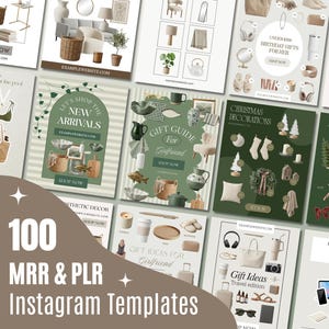May include: A collection of 100 digital Instagram templates featuring various layouts for gift guides, holiday decorations, and lifestyle content. The designs include text overlays, product collages, and graphic elements in neutral and green tones.