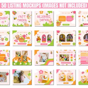 A cheerful collage of listing mockups for an Etsy Shop Branding Kit, featuring playful designs with bees, flowers, and animals. The bright colors and complete shop templates create a festive tone, highlighting these MRR PLR assets for digital creators.
