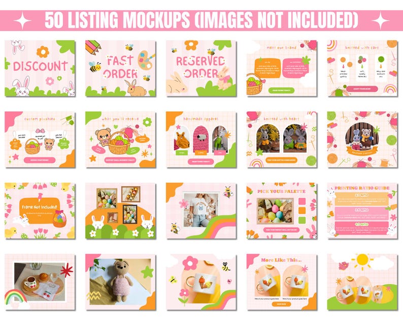 A cheerful collage of listing mockups for an Etsy Shop Branding Kit, featuring playful designs with bees, flowers, and animals. The bright colors and complete shop templates create a festive tone, highlighting these MRR PLR assets for digital creators.