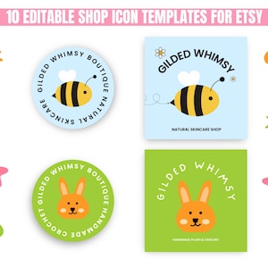 Illustrative graphic featuring four colorful shop icon templates for Etsy. Two icons depict a bee and rabbit. Background includes playful flowers and swirls.