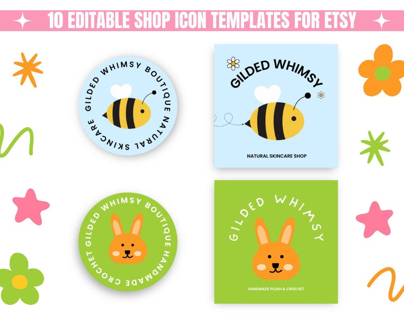 Illustrative graphic featuring four colorful shop icon templates for Etsy. Two icons depict a bee and rabbit. Background includes playful flowers and swirls.