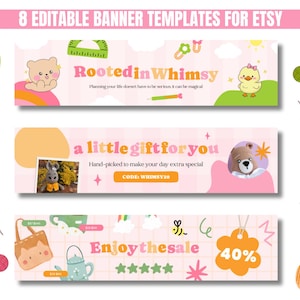 8 Etsy banner templates with playful designs. Features cute animal illustrations, discounts, and colorful patterns, creating a whimsical and cheerful tone.