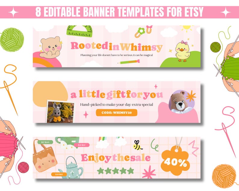 8 Etsy banner templates with playful designs. Features cute animal illustrations, discounts, and colorful patterns, creating a whimsical and cheerful tone.