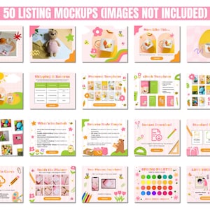 A collage of 20 vibrant, colorful design mockup templates with playful elements like flowers, bees, and rainbows, titled "50 Listing Mockups."